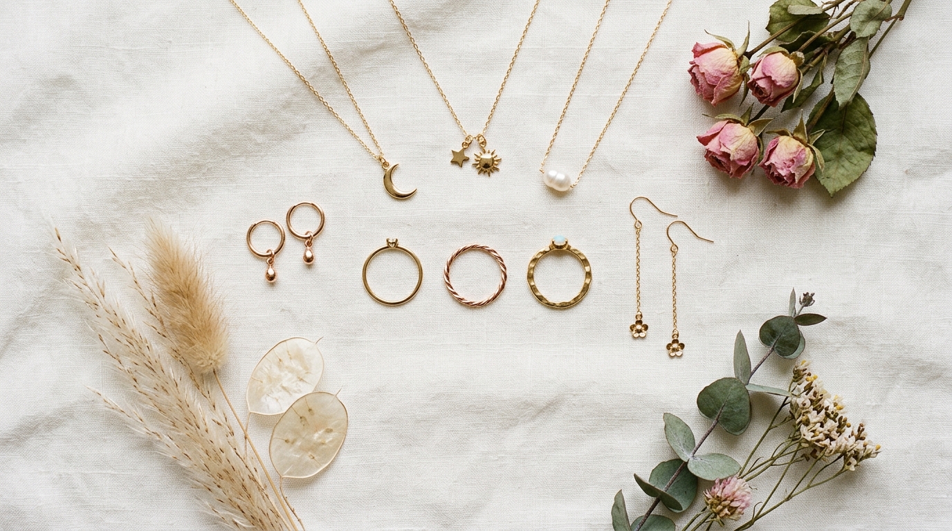 Delicate gold necklaces and rings on textured linen background